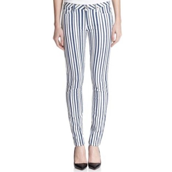 Paige Verdugo Blue and White Stripe Jeans - Picture 1 of 14
